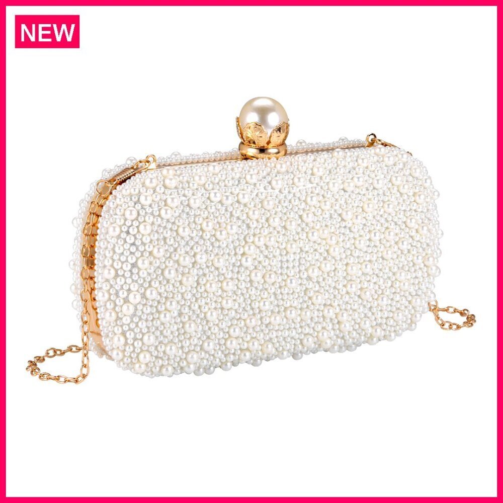 Small Beaded Rhinestone Pearl Clutch with Chain Strap for Formal Events